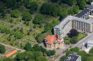 Luftfoto af Ansgars Kirken i Aalborg. Copyright Steen Lee Christensen/ Aalborg Luftfoto.
