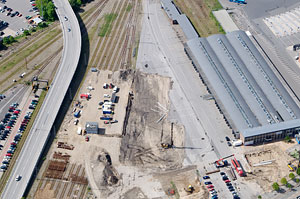 Et luftfoto giver det store overblik over byggeriet på det gamle godsbaneareal. Copyright Steen Lee Christensen/ Aalborg Luftfoto.