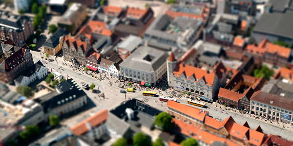 Nytorv, Aalborg. Efterbehandlet billede så det ligner et fotografi af en modelby. Copyright Steen Lee Christensen/ Aalborg Luftfoto.